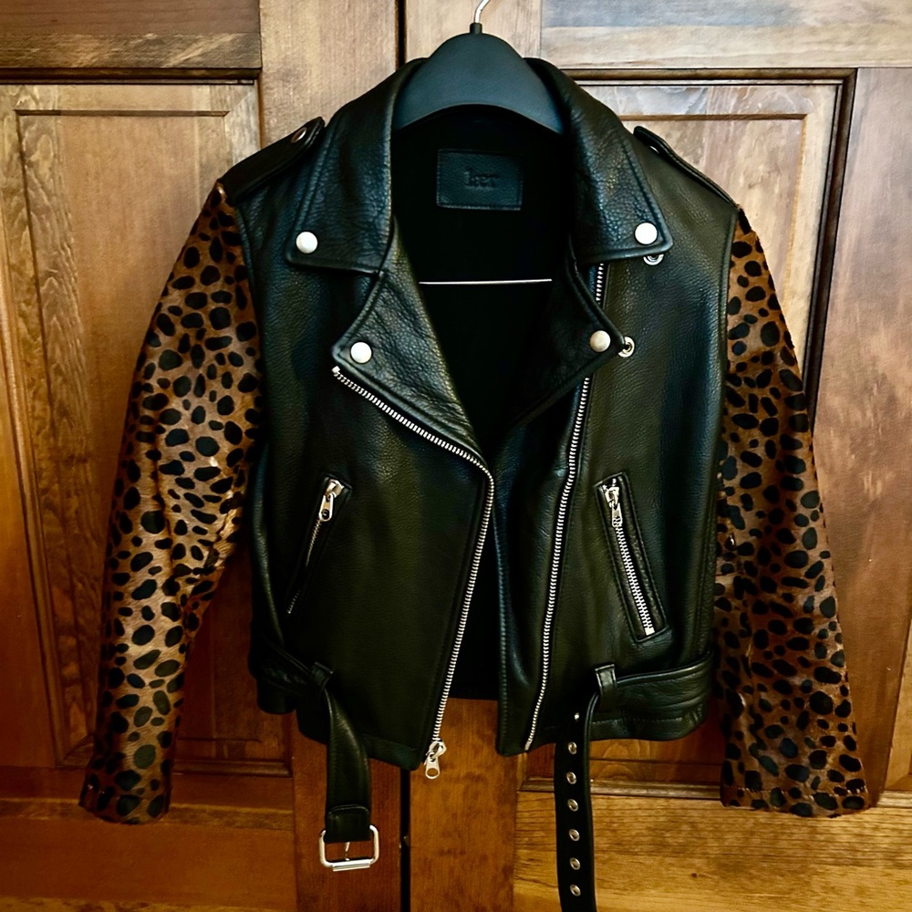 . S black calf skin leather jacket w/leopard print faux fur above wrist sleeves
